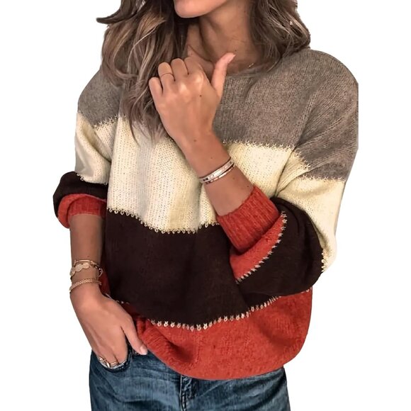 Tops - Womens Oversized Color Block Sweater Lightweight Knit Crew Neck Fall Trendy